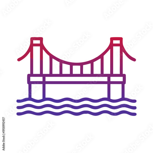 Suspension bridge icon with purple and red gradient, modern architectural bridge vector over water, minimalist city infrastructure symbol