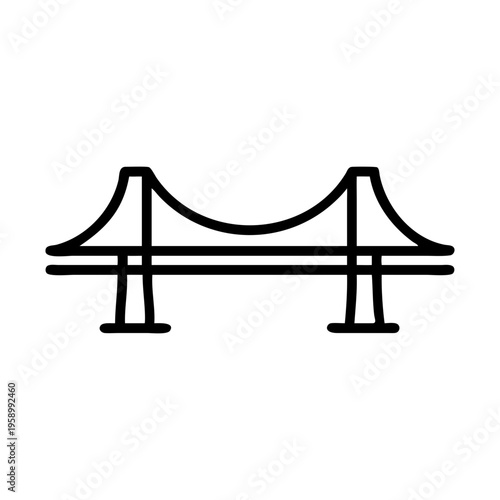 Minimalist suspension bridge icon vector, black line art bridge symbol, modern architectural structure illustration for travel and engineering