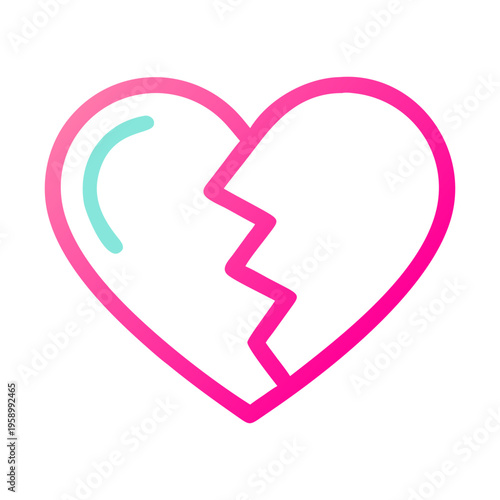 Broken heart vector icon with pink gradient, cracked heart symbol for heartbreak and divorce, neon line art illustration of emotional pain