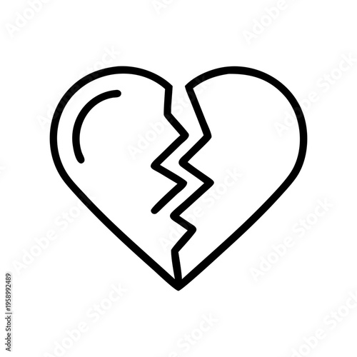 Broken heart line icon vector, minimalist cracked heart symbol for heartbreak and divorce, black outline love icon on white background