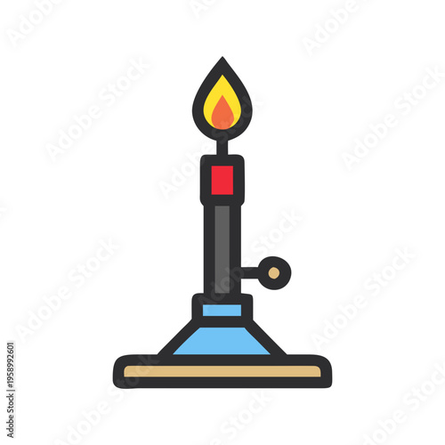 Bunsen burner vector icon with flame, laboratory gas burner for chemistry experiments, scientific heating equipment illustration