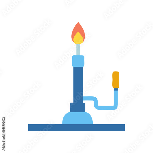 Bunsen burner with open flame vector illustration, laboratory gas burner for scientific experiments, chemistry equipment icon in flat style