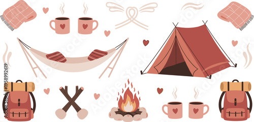 Romantic camping set with tent hammock campfire and cozy elements, outdoor couple adventure flat vector illustration collection for travel design