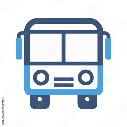 Modern bus icon vector illustration, blue public transport vehicle front view, urban transit and commuter shuttle symbol for travel apps
