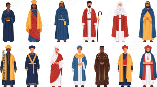 Traditional historical clothing characters set with diverse cultural robes and garments, people in ancient costumes flat vector illustration collection for heritage design
