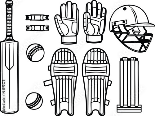 Cricket equipment set including bat, gloves, helmet, and balls