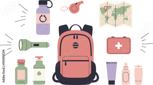 Travel essentials set with backpack water bottle map and first aid kit, outdoor adventure items flat vector illustration collection for tourism design