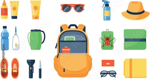 Travel essentials and summer gear set with backpack sunglasses sunscreen and accessories, vacation items flat vector illustration collection for tourism design
