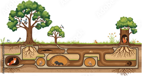 Underground animal burrows system with forest trees and wildlife habitat, cross section nature ecosystem flat vector illustration collection for education design