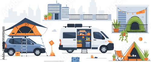 Urban car camping setup with rooftop tent camper van and outdoor gear, city travel adventure flat vector illustration collection for lifestyle design