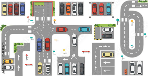 Urban traffic road layout set with intersections parking lanes and cars, top view city transport system flat vector illustration collection