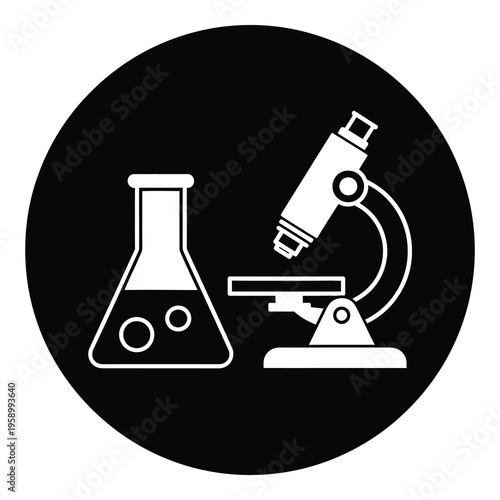 Microscope and beaker icon in circle on white background icon