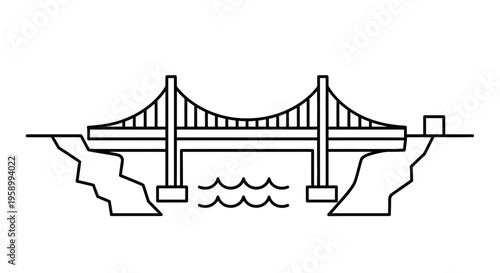 Iconic Suspension Bridge Over Water, Connecting Rocky Shores, Minimalist Line Art