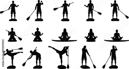 Set of stand up paddle board silhouettes featuring people paddling, practicing yoga, and performing balance exercises on water, vector illustration.