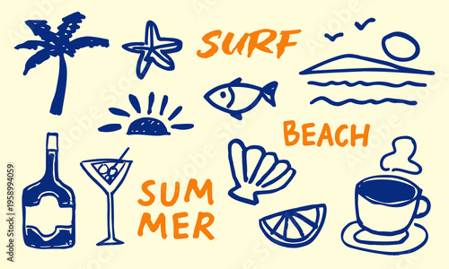 Hand-Drawn Summer Elements Set Tropical Beach Sketch Illustration Vector