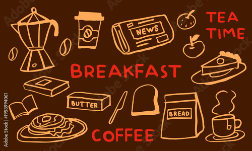 Hand drawn Rustic Breakfast Sketch Set Elements Vector Illustrations Set 