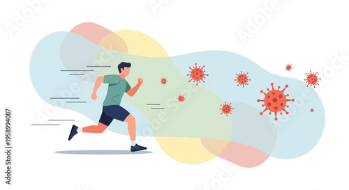 Man Running from Virus Germs Outside.