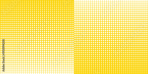 Yellow square pixel halftone gradient texture. Fading checkered gradation wallpaper. Bright squared dot background. Abstract vanishing comic pop art backdrop. Vector repeated raster effect overlay