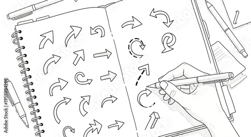 Hand Drawing Arrows Collection on Notebook Page, Creative Idea and Direction Concept