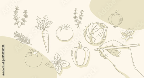 Hand Drawing Fresh Vegetables and Herbs Sketch, Healthy Food Concept