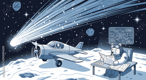 Bear pilot studying map next to airplane on moon.