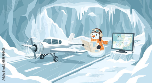 Cute snowman pilot studying map next to airplane.