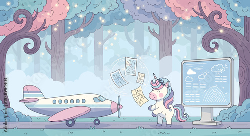 Cute unicorn and airplane at airport.