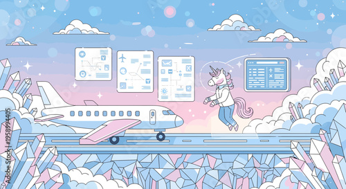 Cute Unicorn Flying Above Airplane on Runway.