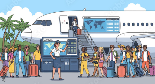 Diverse group of travelers boarding airplane at airport terminal.