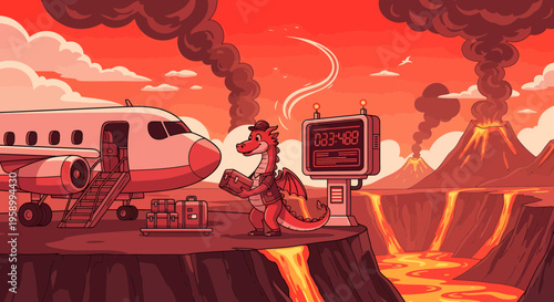 Dragon character waiting for airplane at volcanic airport.