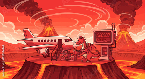 Dragon Relaxing Beside Airplane on Volcanic Island.