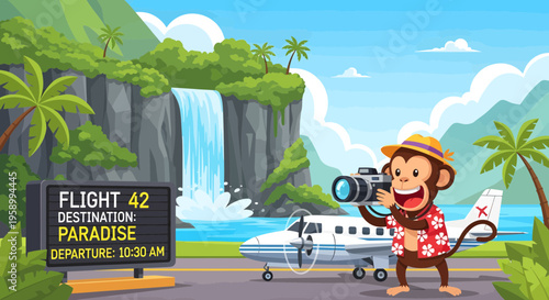 Funny monkey on vacation with camera.