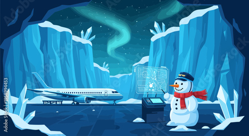 Friendly snowman pilot with airplane and aurora.