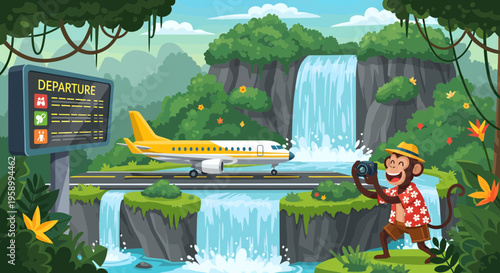 Funny monkey with camera at jungle airport.