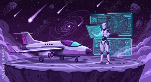 Futuristic Robot and Advanced Aircraft on Space Platform.
