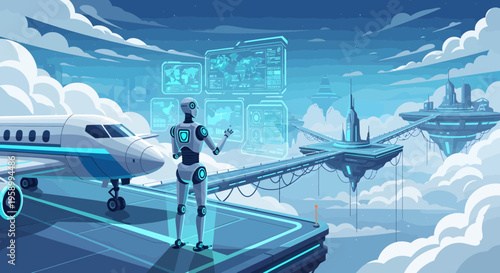 Futuristic Robot Interacting with Advanced Technology.