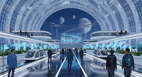 Futuristic people walking in a hightech transportation hub.