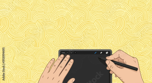 Hands drawing map on digital tablet with wavy yellow background