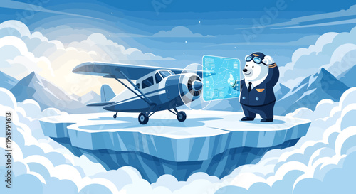 Polar bear pilot standing next to vintage airplane on ice floe.