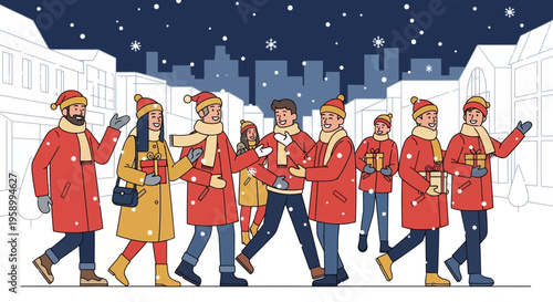 Happy diverse people in winter clothes walking in snowy city street with gifts