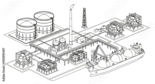 Highly Detailed LNG Terminal Vector Diagram in Black and White Technical Line Art