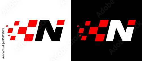 Next-generation N-letter racing logo with dynamic square patterns, designed to highlight speed and competitive performance