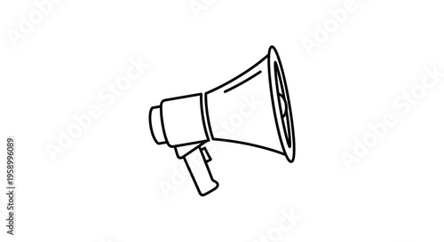 Hand drawn megaphone icon, simple outline drawing of a bullhorn, symbol for announcement and communication