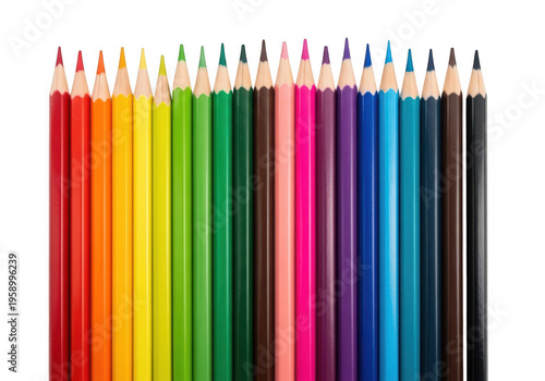 Row of colorful colored pencils isolated on transparent background