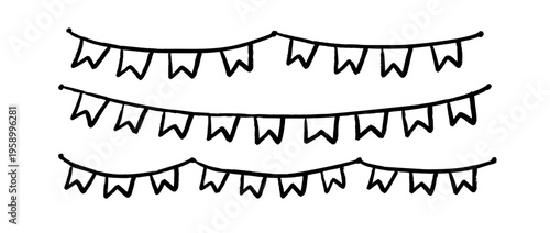 Crayon hand drawn bunting pattern set. Black flag garland doodle pack. Kid sketched celebration flag chains and pennons for birthday decoration, footer, banner. Vector party pennon illustration bundle