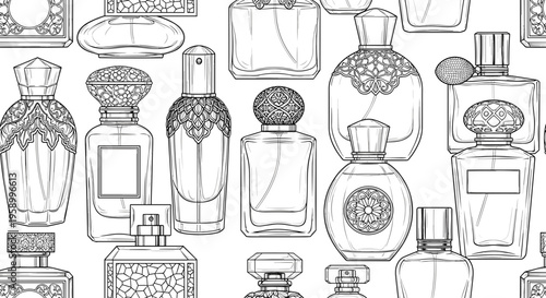 A collection of perfume bottles in a minimalist line art illustration style