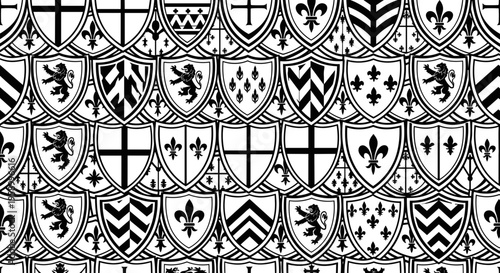 A detailed vector graphic illustration of various heraldic shields with unique designs and patterns