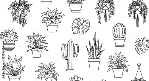 A collection of various potted plants and cacti in a simple line art style
