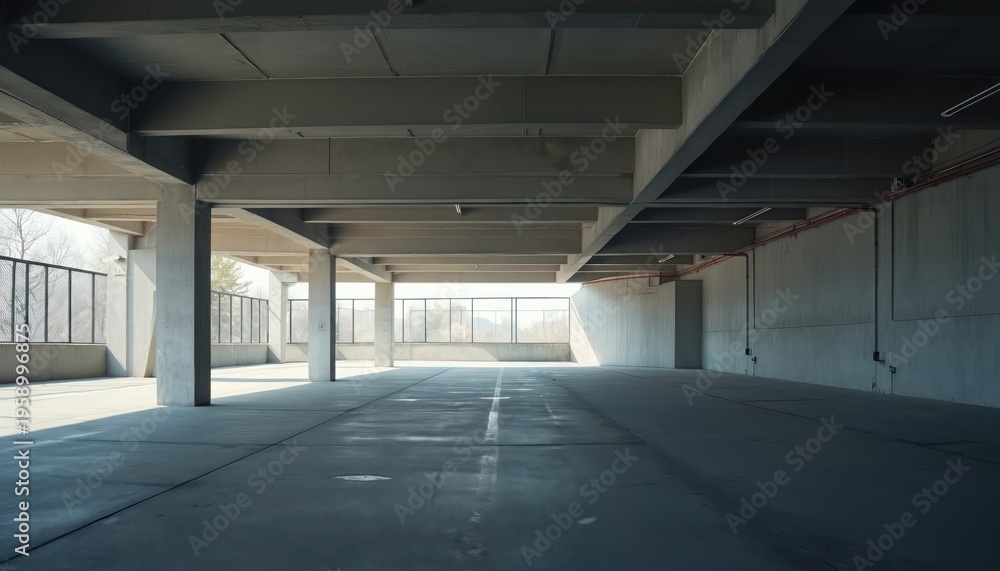 Obraz premium Empty concrete parking garage with bright natural light. Multiple levels with columns and open views of the surroundings. Suitable for urban transport or industrial themes.