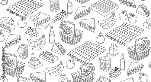 A black and white illustration of various food items and picnic baskets in a seamless pattern